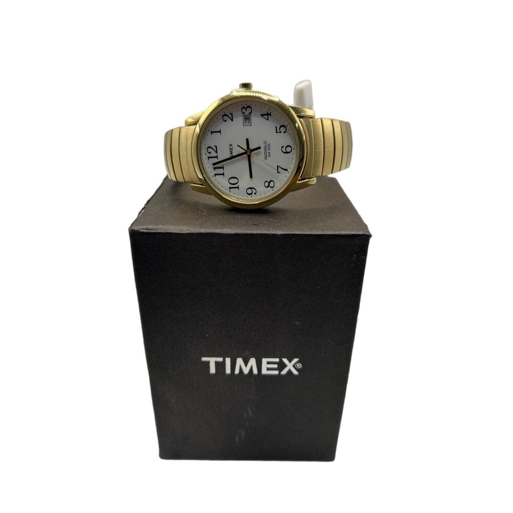 New Timex Indiglo Gold Tone Watch WR30M Date Stainless Steel Back Stretch Band